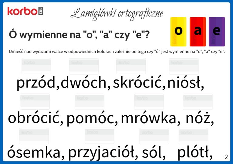Ortografia z Korbo Blocks - ó wymienne na "o", "a", "e" - Korbo Blocks