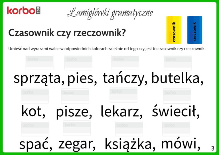 Sprawdzian Z Czasownka Rzeczownika Kl 2 - Czasownik czy rzeczownik? Ćwiczenia. - Korbo Blocks