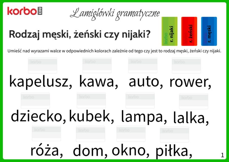 Rodzaje rzeczowników. Ćwiczenia. - Korbo Blocks